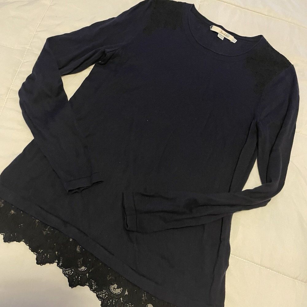 Boden Navy Blue Black Lace‎ Hem Pullover Longsleeved Shirt Top Blouse Sz 6